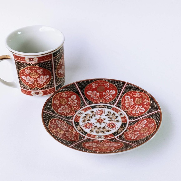 Vintage Gold Mum San Francisco Asian 4pc Dinnerware Set Gold Orange Red Floral - Picture 7 of 10